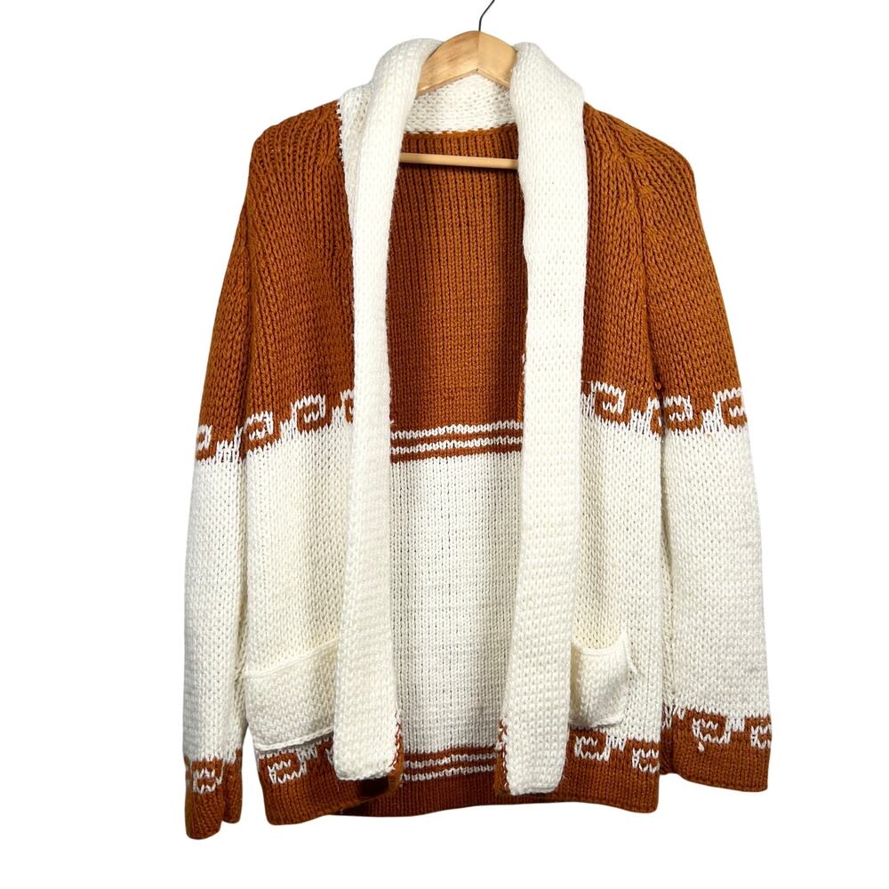 Vintage 50's*60's Knit Aztec Brown White Cardigan Sweater Large 20x31